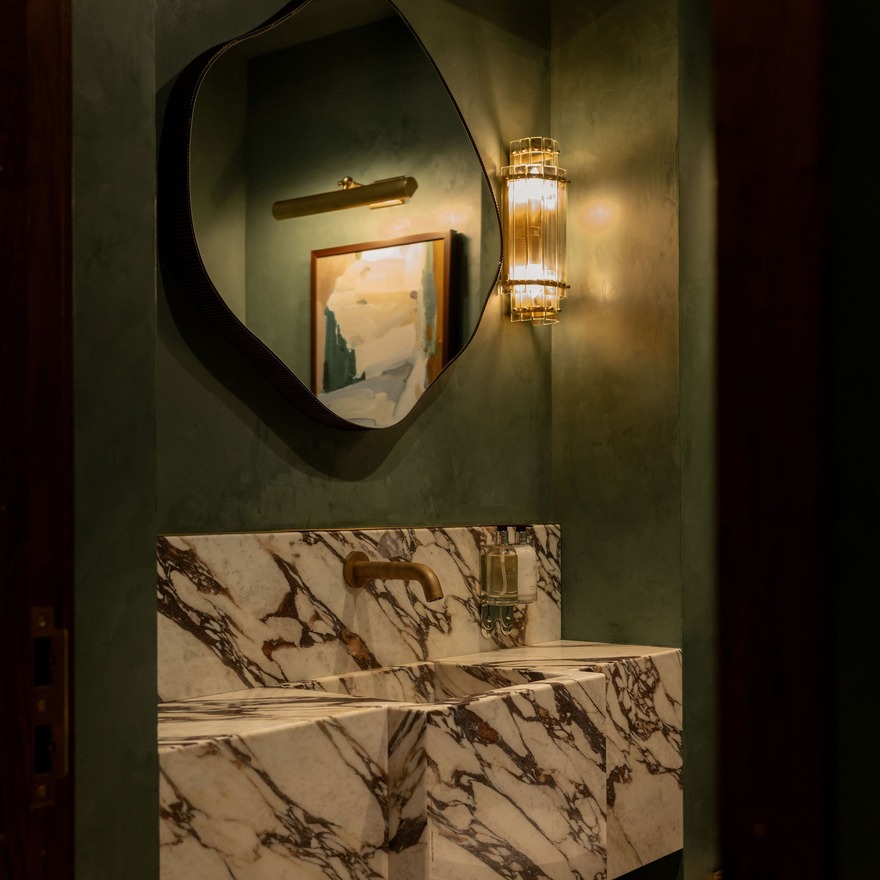 Textured Green Venetian Plaster to Hotel Bathroom